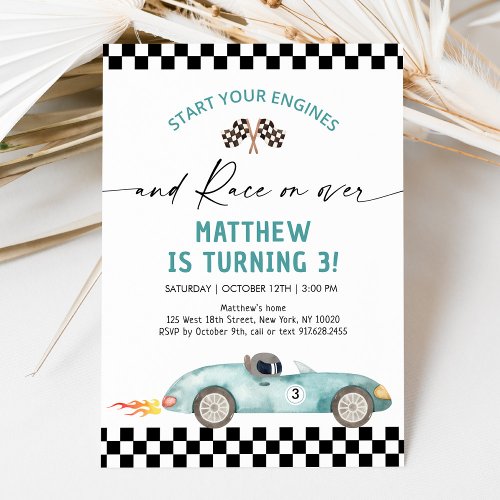 Blue Race Car Birthday Invitation