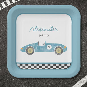 Blue race car birthday invitation paper plates