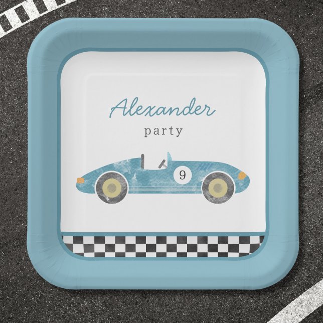 Blue race car birthday invitation paper plates (Creator Uploaded)