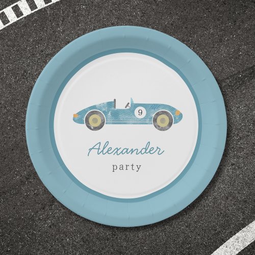 Blue race car birthday paper plates