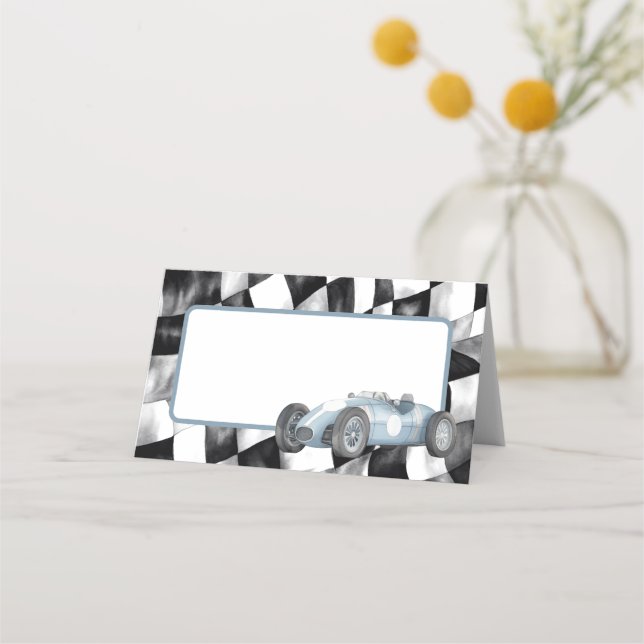Blue Race Car Birthday Party Place Card (Front)
