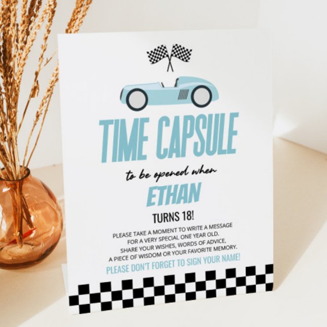 Blue Race Car Birthday Party Time Capsule Pedestal Sign (Creator Uploaded)