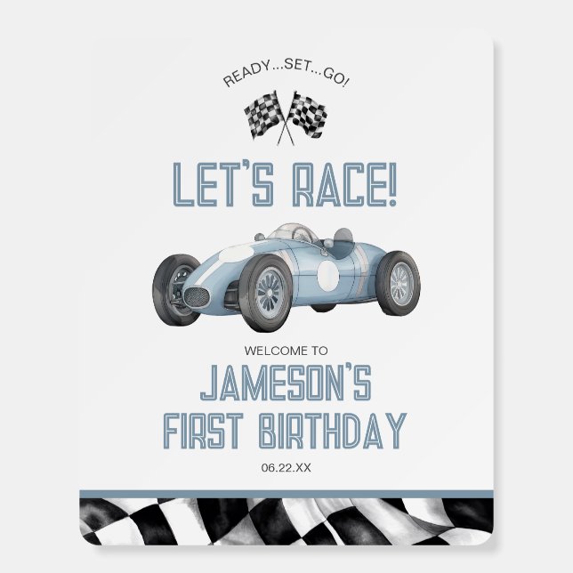 Blue Race Car Birthday Party Welcome Sign (Front)