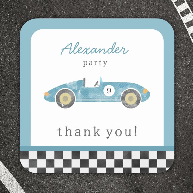 Blue race car birthday square sticker (Creator Uploaded)