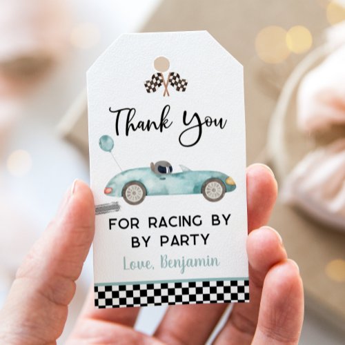 Blue Race Car Birthday Thank You Gift Tags