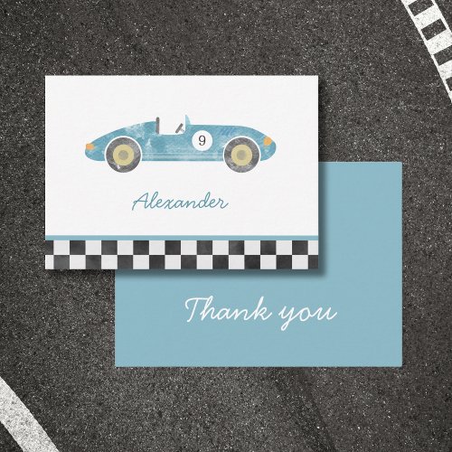 Blue race car birthday thank you note card