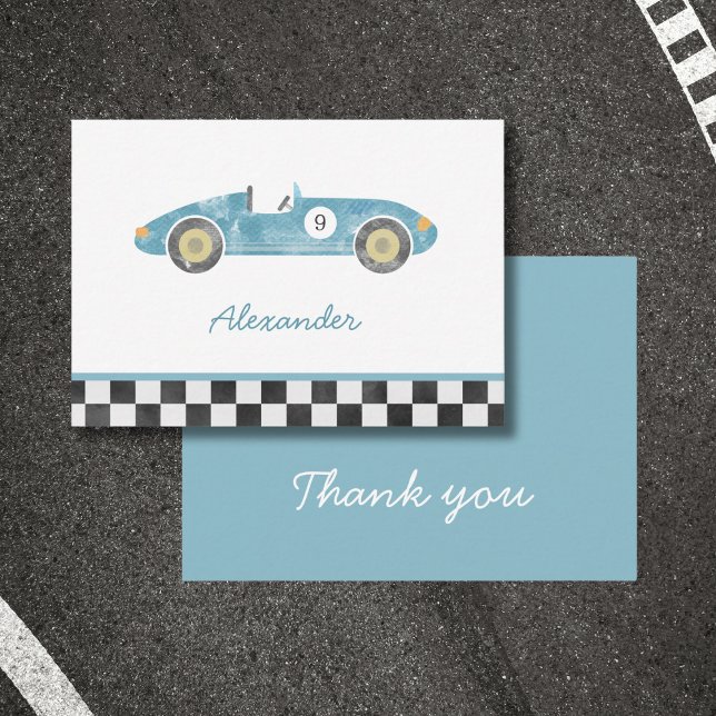 Blue race car birthday thank you note card (Creator Uploaded)