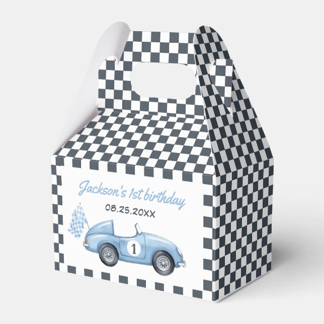 Blue Race Car Boy 1st Birthday Favor Boxes (Front Side)