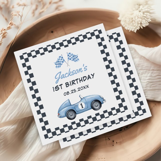 Blue Race Car Boy 1st Birthday Napkins (Creator Uploaded)