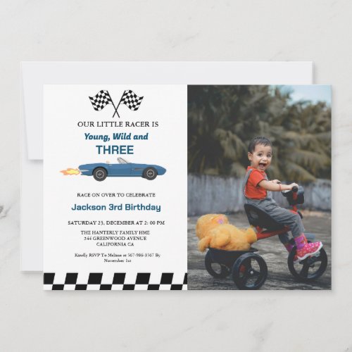 Blue Race Car Boy 3rd Birthday Party Invitation