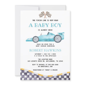 Blue Race Car Boy Baby Shower Invitation