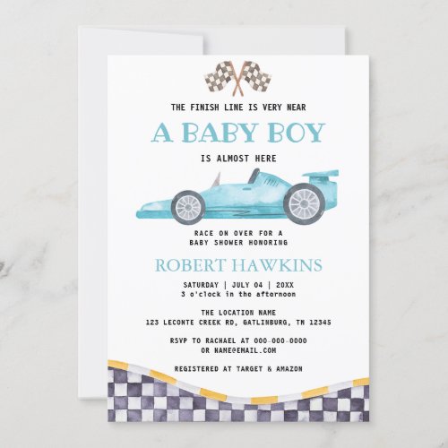 Blue Race Car Boy Baby Shower Invitation