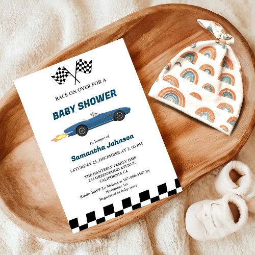 Blue Race Car Boy Baby Shower Invitation
