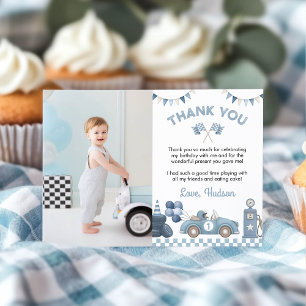 Blue Race Car Boy Birthday Party Photo Thank You Card