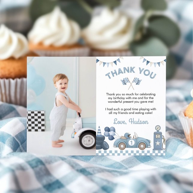 Blue Race Car Boy Birthday Party Photo Thank You Card (Creator Uploaded)