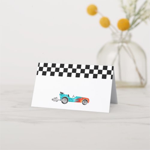 Blue Race Car Boy Birthday Party Place Card