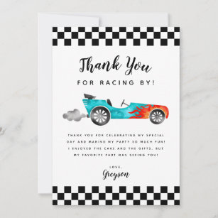 Blue Race Car Boy Birthday Party Thank You Card
