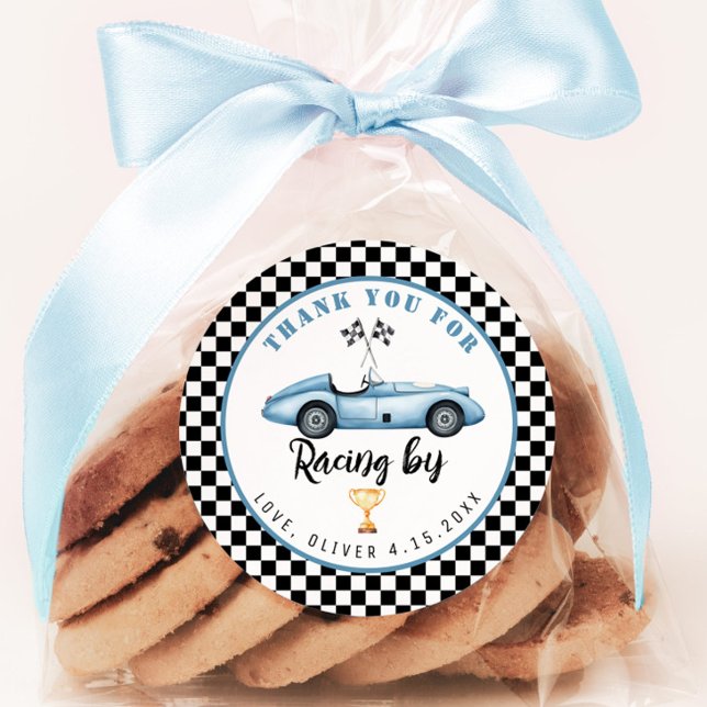 Blue race car Boy Birthday Thank you for racing by Classic Round Sticker (Creator Uploaded)