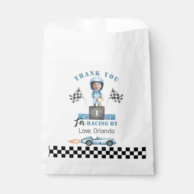 Blue race car Boy Racer Photo Birthday thank you Favor Bag (Front)
