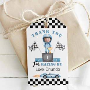 Blue race car Boy Racer Photo Birthday thank you Gift Tags