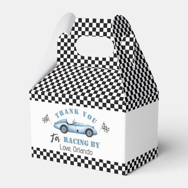 Blue race car Boy racing birthday thank you Favor Boxes (Front Side)