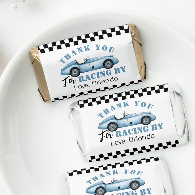 Blue race car Boy racing birthday thank you Hershey's Miniatures (Creator Uploaded)