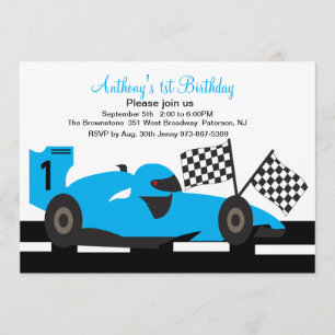 Blue Race Car  Boys First Birthday Invitation