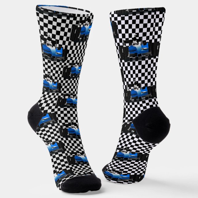 Blue Race Car - Checkerboard Sports Socks (Angled)