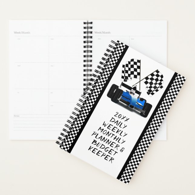 Blue Race Car Checkered Flag Planner (Display)
