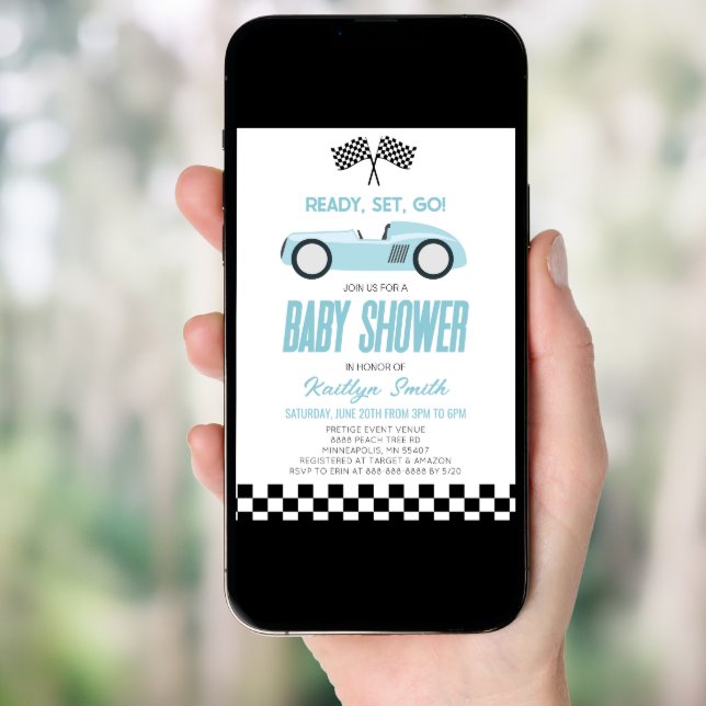 Blue Race Car Checkered Race Flag Baby Shower Invitation (Front Digital)