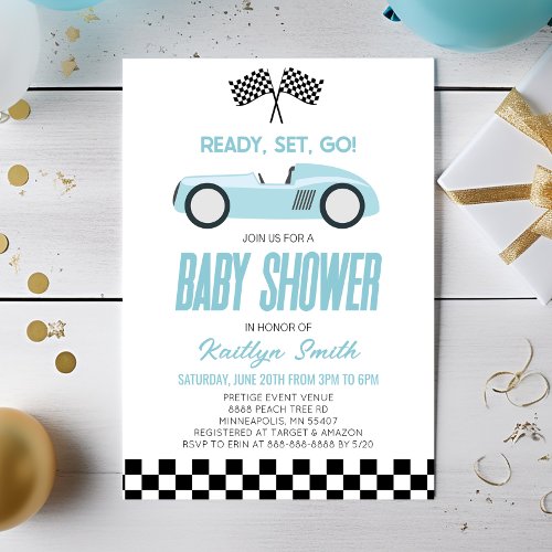 Blue Race Car Checkered Race Flag Baby Shower Invitation
