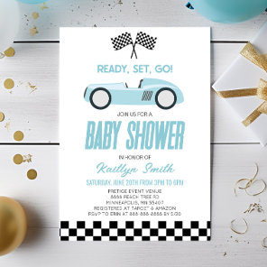 Blue Race Car Checkered Race Flag Baby Shower Invitation
