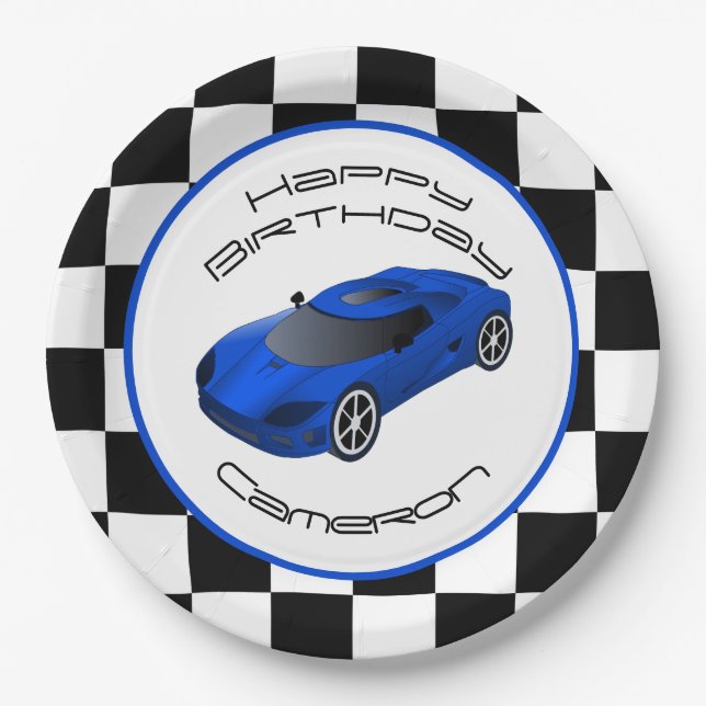 Blue Race Car | Custom Birthday Party Paper Plates (Front)