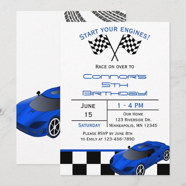 Blue Race Car | Custom Kids Birthday Invitation (Front/Back)