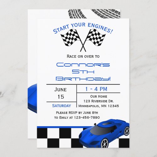 Blue Race Car  Custom Kids Birthday Invitation