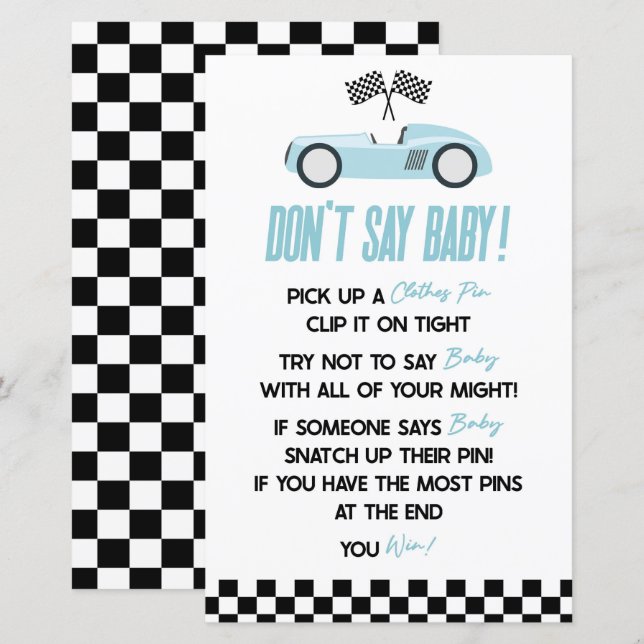 Blue Race Car Don't Say Baby Shower Game (Front/Back)