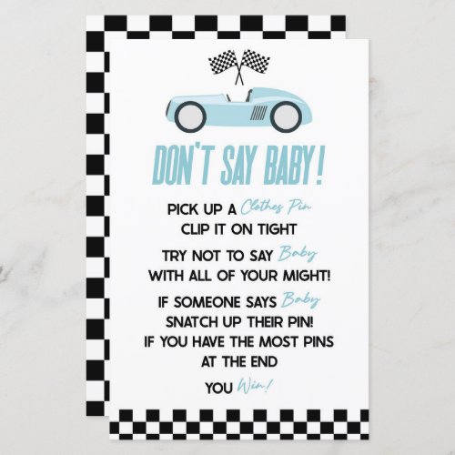 Blue Race Car Dont Say Baby Shower Game