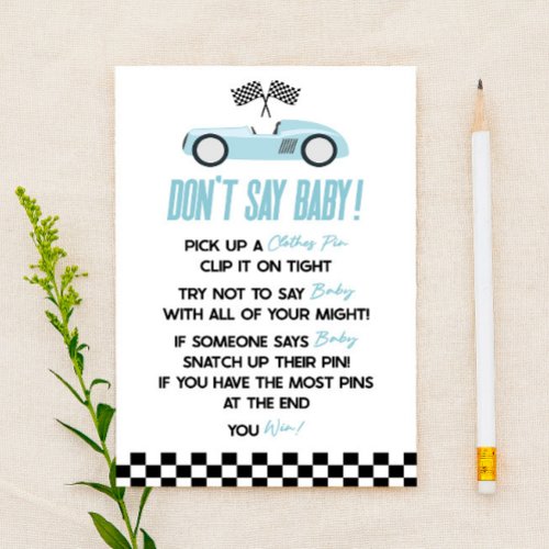Blue Race Car Don't Say Baby Shower Game