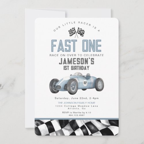 Blue Race Car Fast One 1st Birthday Party Invite