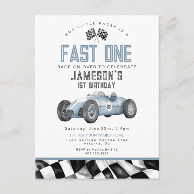 Blue Race Car Fast One 1st Birthday Party Invite (Front)