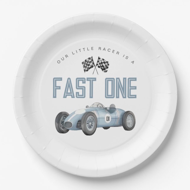 Blue Race Car Fast One 1st birthday party Paper Plates (Front)