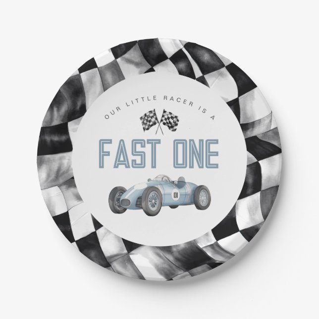 Blue Race Car Fast One 1st birthday party Paper Plates (Front)