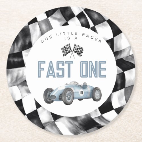 Blue Race Car Fast One 1st birthday party Round Paper Coaster