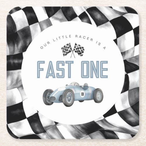 Blue Race Car Fast One 1st birthday party Square Paper Coaster