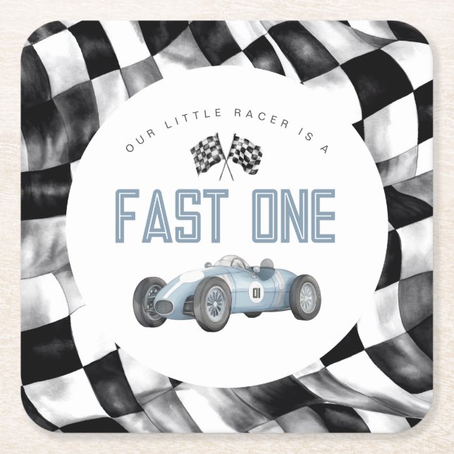 Blue Race Car Fast One 1st birthday party Square Paper Coaster (Front)