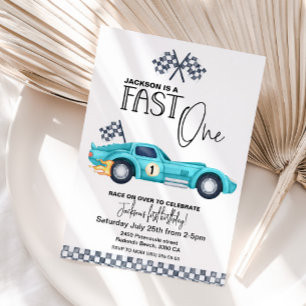 Blue Race car FAST ONE  1st Birthday watercolor Invitation