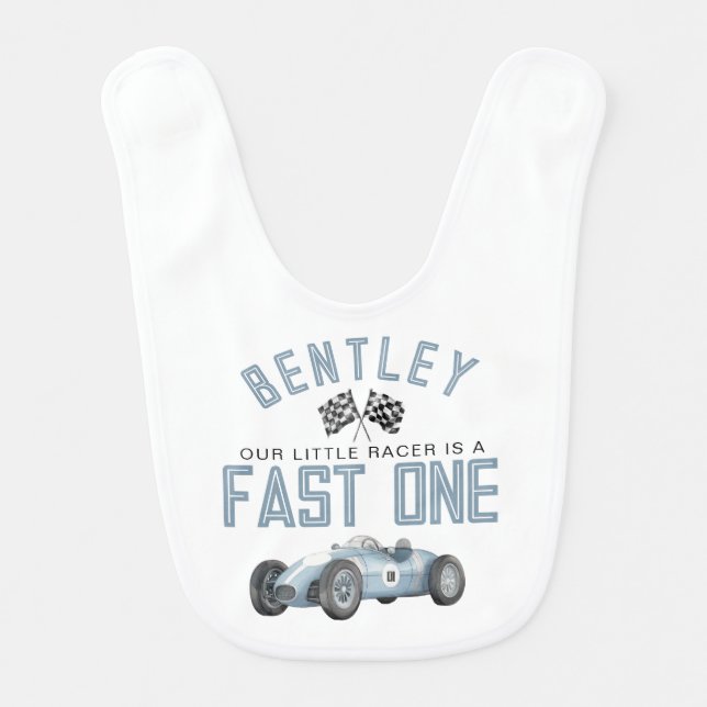 Blue Race Car Fast One Birthday Boy Smash Cake Bib (Front)
