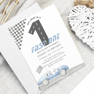 Blue Race Car Fast ONE Boy Birthday Invitation