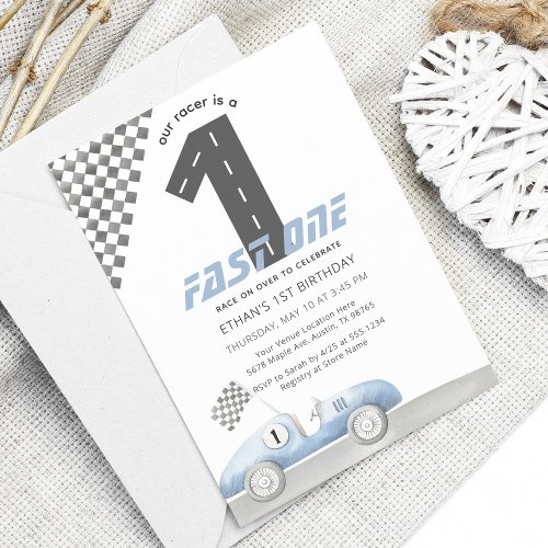 Blue Race Car Fast ONE Boy Birthday Invitation