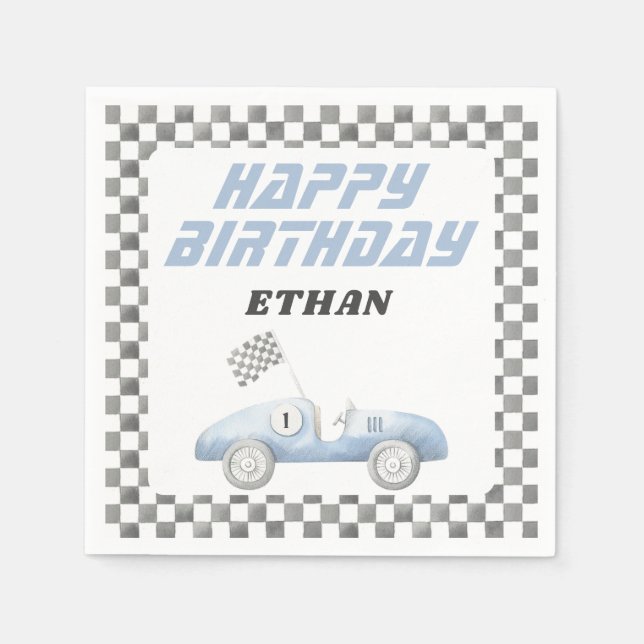 Blue Race Car Fast ONE Boy Birthday Napkins (Front)